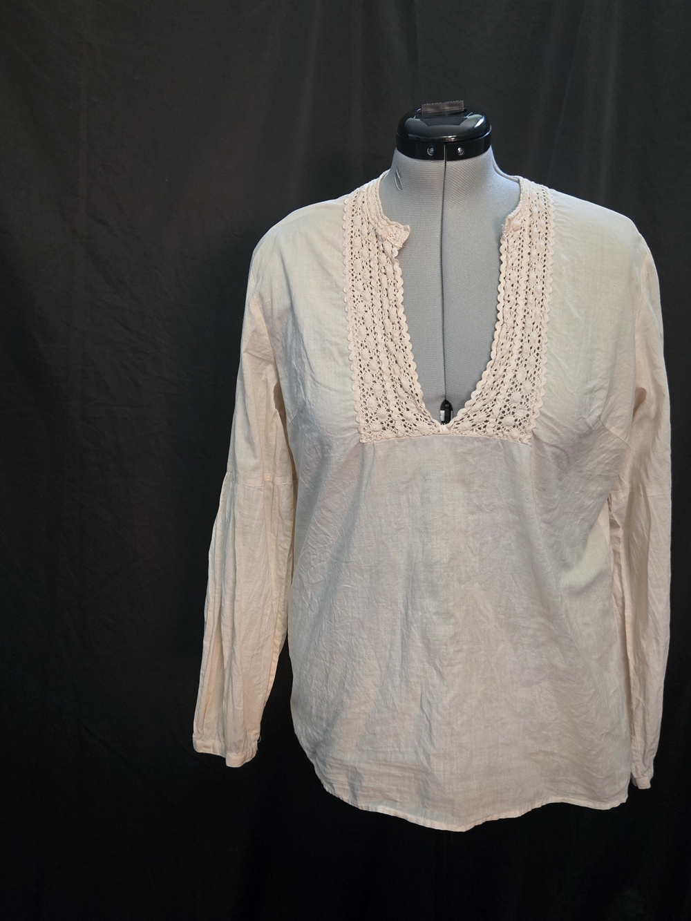 New York & Company Cream Lace Trim Peasant Blouse Cotton Boho Top XL
